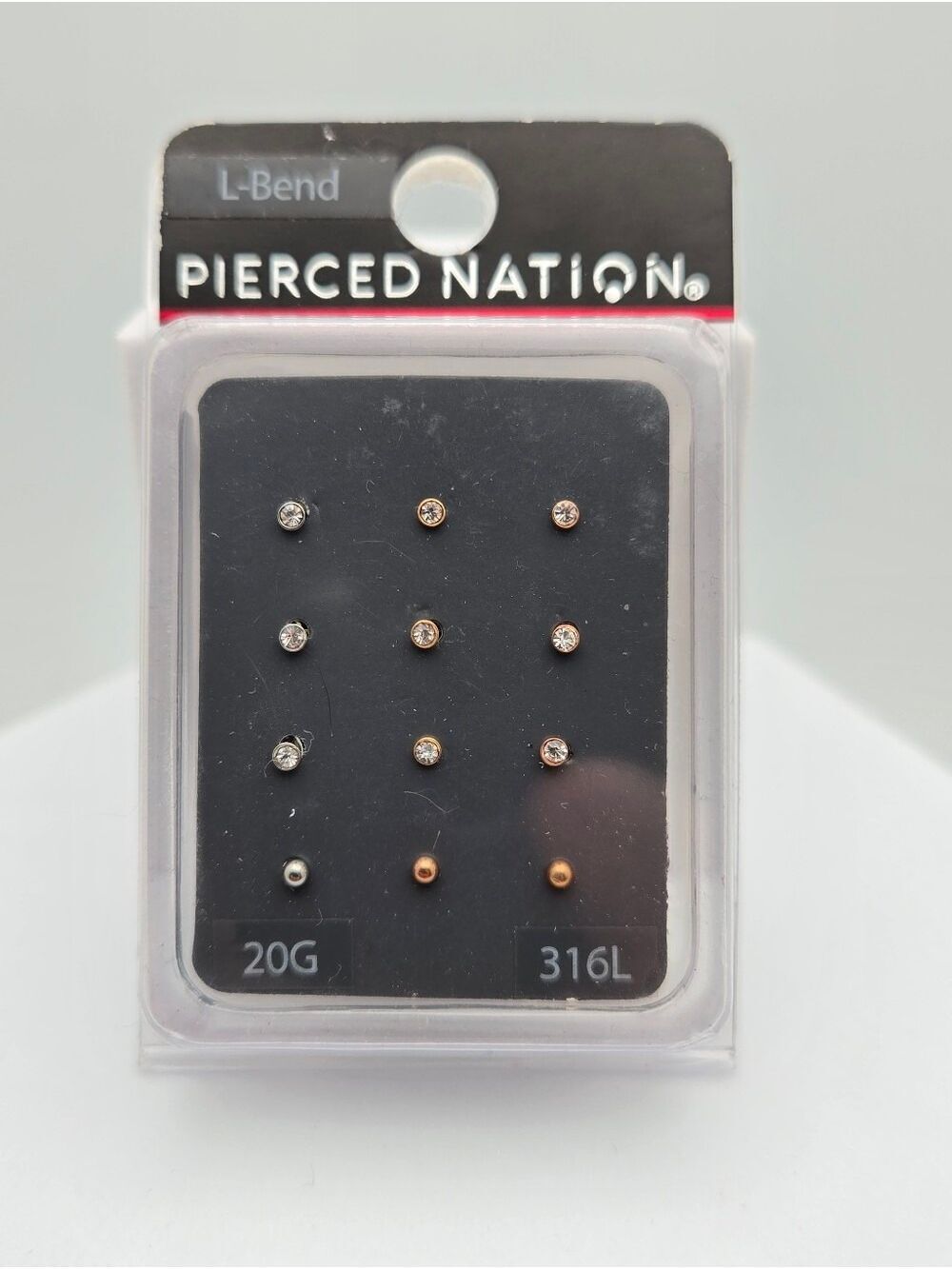 Pierced Nation 316L Surgical Steel L-Bend Nose Stud Set Assorted Gems 20G New